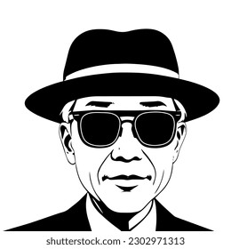 Vector illustration of a black and white portrait of a man in a hat and sunglasses.