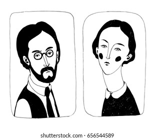 Vector illustration.  Black and white portrait of white woman with short hair and of intelligent white bearded man with glasses isolated on white background. Family retro portrait