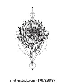 Vector Illustration Of Black And White Protea Flower, Sacral Geometric Simbols Isolated On White Background. Mystical Totem Simbol. Hand Drawn Picture For Tattoo, Coloring Book.