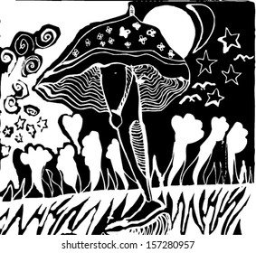 Vector illustration of black and white psychedelic surrealism childish drawing. Leg, stars, birds, mushroom, umbrella, monster. Hand drawn.