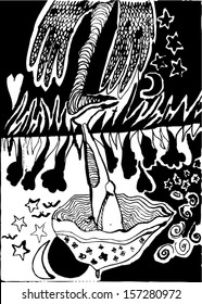 Vector illustration of black and white psychedelic surrealism childish drawing. Leg, stars, birds, mushroom, umbrella, moon, wings, monster. Hand drawn.