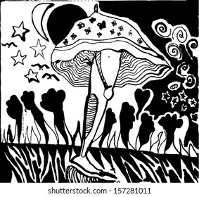 Vector illustration of black and white psychedelic surrealism childish drawing. Leg, stars, birds, mushroom, umbrella, monster. Hand drawn.