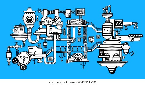 Vector Illustration of Black and White Retro Machine. Line Art Style Design of Complex Mechanism of Product Production on Blue Color Background