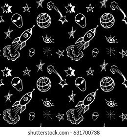 Vector illustration black and white rockets and aliens seamless pattern. Space elements isolated on black.