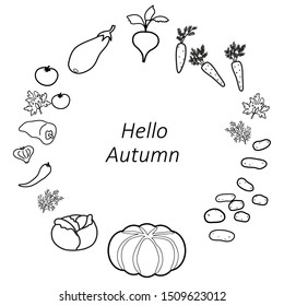 Vector illustration of black and white round frame with vegetables.Hello autunm.Isolated elements