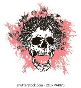 Ilustración vectorial del cráneo gritando en blanco y negro con corona de rosas y capullos sobre manchas rosadas, aisladas en fondo blanco.