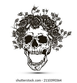 Vector illustration of black and white screaming skull with crown of roses and buds isolated on white background.