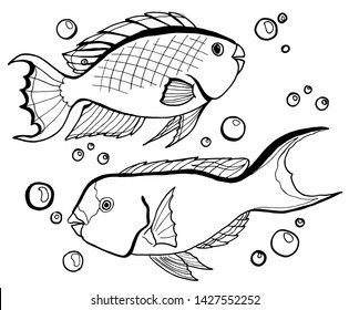 vector illustration black and white sea fish and bubbles