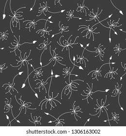 Vector illustration black and white seamless pattern with flying dandelion seeds. Dandelion seeds in the form of red hearts.