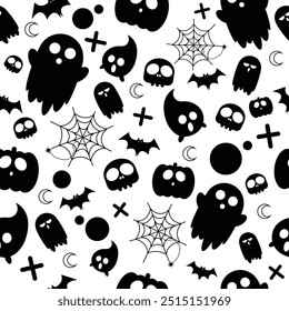 Vector illustration Black and white seamless background pattern for Halloween party. Black icons of skull, spider, ghost, pumpkins. Halloween vector set.