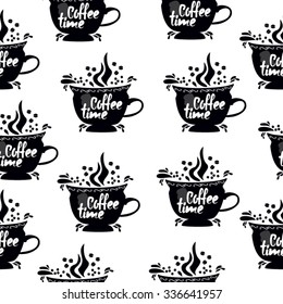 vector illustration. black and white seamless pattern. coffee time. Endless texture can be used for wallpaper, pattern fills, web page background,surface textures. 