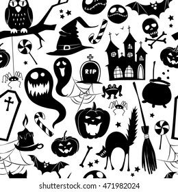 Vector illustration Black and white seamless background abstract pattern for halloween with pumpkin,  candy, ghost, spider, bat, witch hat, cat, owl, castle, scull,  bones. Flat silhouette style