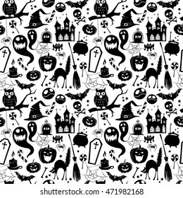 Vector illustration Black and white seamless background abstract pattern for halloween with pumpkin,  candy, ghost, spider, bat, witch hat, cat, owl, castle, scull,  bones. Flat silhouette style