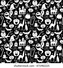 Vector illustration Black and white seamless background abstract pattern for halloween with pumpkin,  candy, ghost, spider, bat, witch hat, cat, owl, castle, scull,  bones. Flat silhouette style