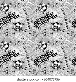 Vector illustration black and white seamless grunge background. Cartoon emo girl skull with hair and crossed bones. Inscription skull, bone and emotion . For t-shirt design or print on textile.