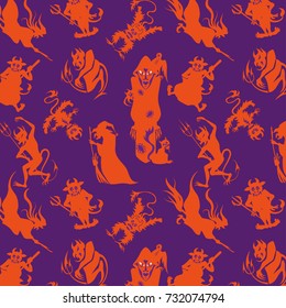 Vector illustration Black and white seamless background abstract pattern for halloween with pumpkin, candy, ghost, spider, bat, witch hat, cat, owl, castle, scull, bones. Flat silhouette style