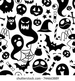 Vector illustration Black and white seamless background abstract pattern for halloween party with pumpkin, candy, ghost, spider, bat, witch hat, cauldron, owl, skull, bones. Flat silhouette style