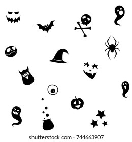 Vector illustration Black and white seamless background abstract pattern for halloween party with pumpkin, candy, ghost, spider, bat, witch hat, cauldron, owl, skull, bones. Flat silhouette style