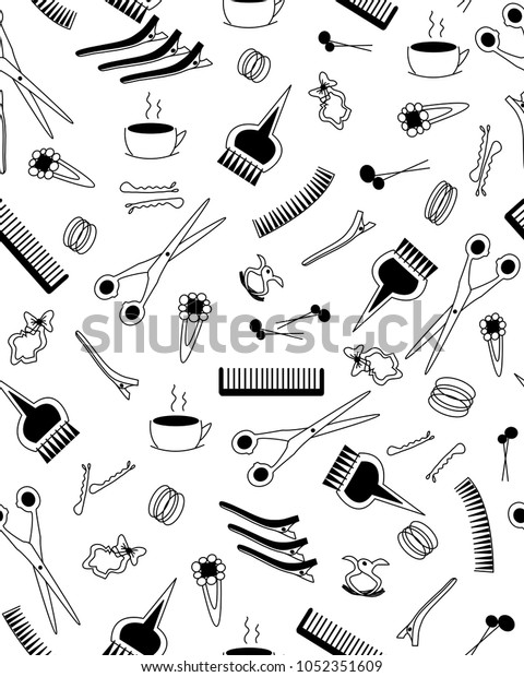 Vector illustration of black\
white seamless pattern of hairdresser accessories as hair dividers,\
wave grips, section clips, scissors, comb and hair scrunchies\
