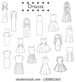 Vector illustration of black and white set of dresses