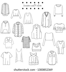 Vector illustration of a black and white set of clothes - sweaters, shirts, jackets, tunics