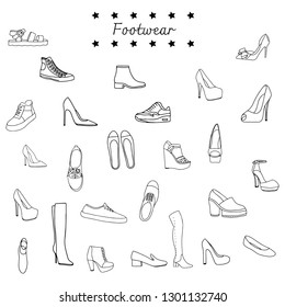 Vector illustration of a black and white set of different shoes 