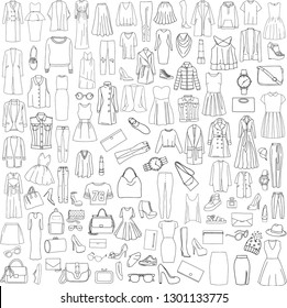 Vector illustration of black and white set of clothes and accessories