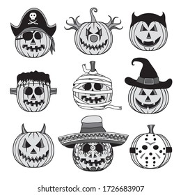 Vector illustration black and white set of Halloween pumpkin horror characters