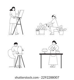 Vector illustration black and white set hobbies of people, Woman painting and cooking, Men gardening, planting trees and making vases out of clay. Lifestyle concept