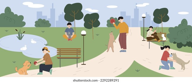 Vector illustration black and white set of People at park walk and play with pet in holiday. Lifestyle concept