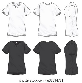 Vector illustration of black and white short sleeved v-neck t-shirt, isolated front and back design template for women