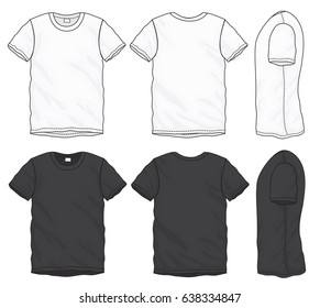 Vector illustration of black and white short sleeved t-shirt, isolated front and back design template for men