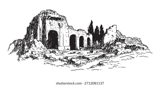 Ilustración vectorial en blanco y negro mostrando antiguas ruinas de piedra desmoronada con arcos y vegetación