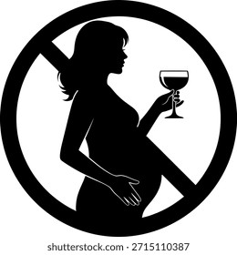 Ilustração vetorial de um sinal preto e branco proibindo o consumo de álcool por gestantes. Ícone de aviso de parar de beber durante a gravidez.