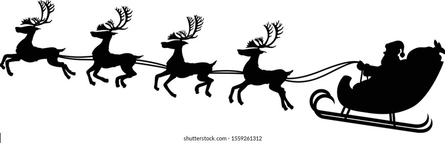 Vector illustration of a black and white silhouette of Santa and his reindeer in flight.