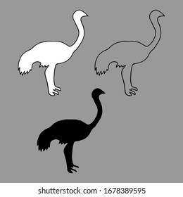 Vector illustration black and white silhouette of an ostrich, contour of a bird isolated on white background. Ostrich logo icon.Perfect for invitations, cards, prints, flyers, posters.