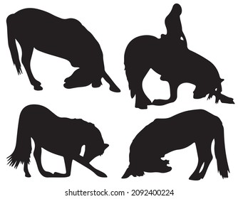 Vector illustration, black and white silhouette: Kneeling horses set