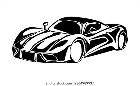 ilustración vectorial súper coche de silueta blanca y negra, auto deportivo aislado en la vista de ángulo del lado del esténcil del fondo