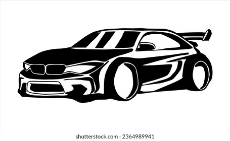 vector illustration black and white silhouette super car, sport car isolated on background stencil side angle view