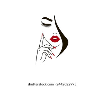 Vector illustration of a black and white silhouette of a girl's face with red lips