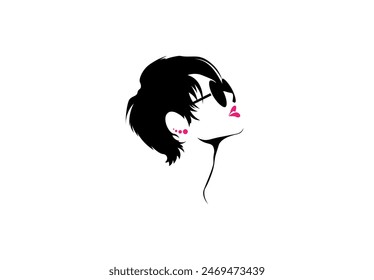 Vector illustration of a black and white silhouette of a girl's face with red lips