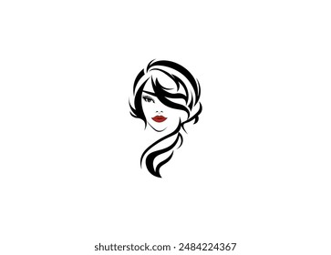 Vector illustration of a black and white silhouette of a girl's face with long hair	