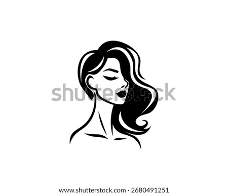 Vector illustration of black and white silhouette of a girl's face with curls	

