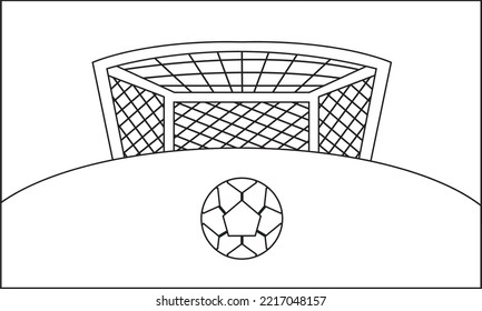 vector illustration, black and white silhouettes of soccer ball on playing field with goal and sky