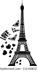 Vector illustration of black and white sketch with symbol of Paris eiffel tower with the inscription love is and sketches of hearts and two butterflies
