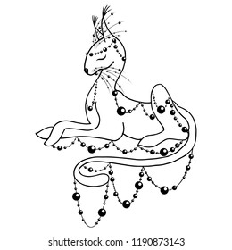 Vector illustration. Black and white sketch of a tattoo. A sketch of a tattoo is a lynx. Sketch of tattoo beads. Sketch of a cat tattoo.
