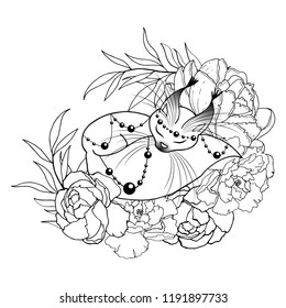 Vector illustration. Black and white sketch of a tattoo. The squirrel in the beads. Squirrel sleeping in pions. Sketch of tattoo squirrel in peonies. Coloring
