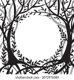 vector illustration. black and white sketch frame fairy forest. landscape with trees and herbs. mystical, magical background for postcards, books.