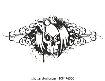 Vector illustration black and white skull emo with bow and patterns for t-shirt design