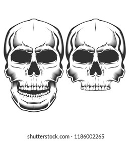 Vector illustration of black and white skull isolated on white background. Design element for t shirt poster emblem sign